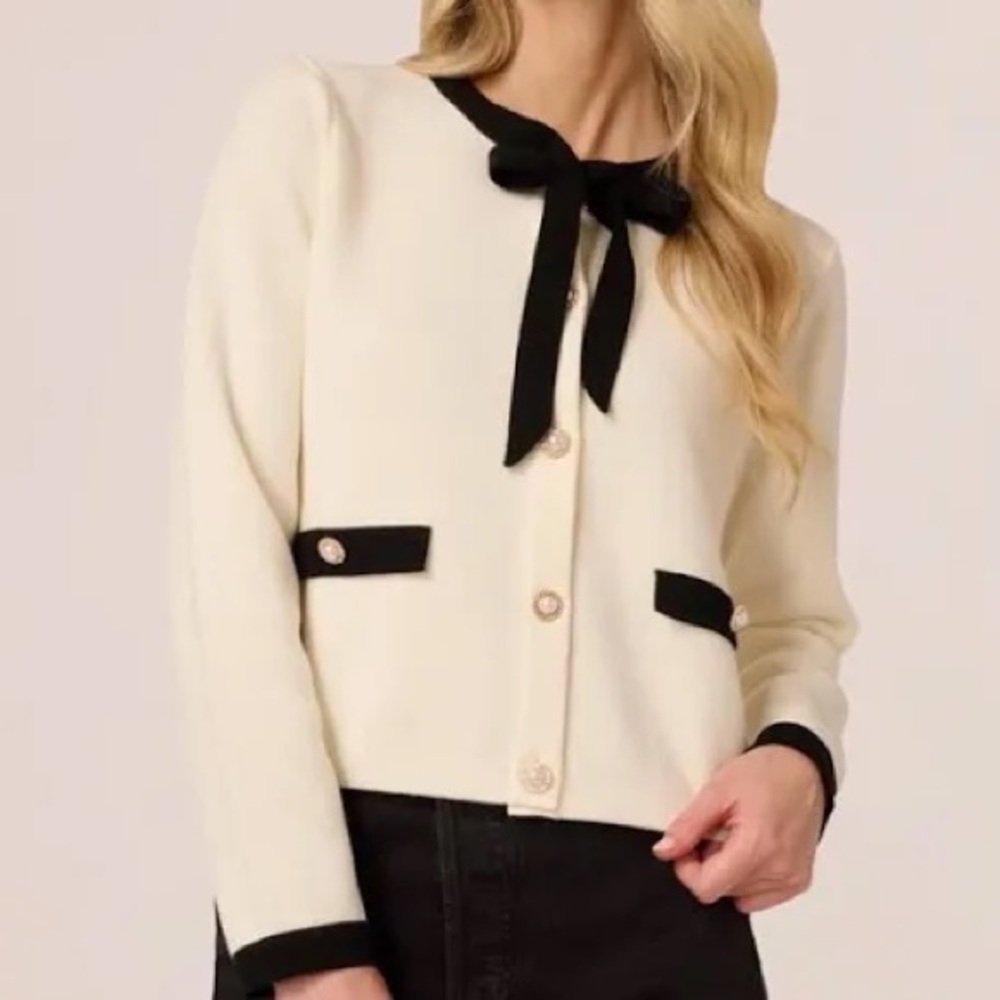 Adrianna Papell Bow Tie Cardigan Blouse Cream Black Trim Size L Chanel Inspired
